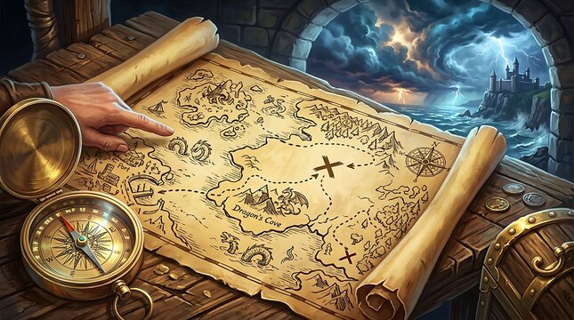 Hand pointing at a vintage fantasy treasure map with brass compass