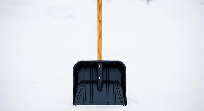A traditional snow shovel featuring a long wooden handle and a black plastic scoop stands ready for winter driveway and sidewalk clearing, snow shovel, maintenance, wood