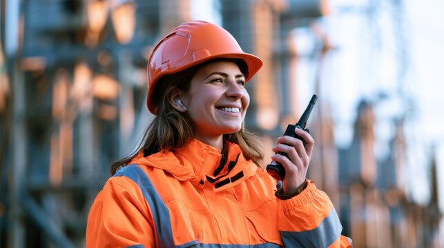 Female construction worker in bright orange safety jacket and helmet using walkie talkie while smiling outdoors on construction site during daytime