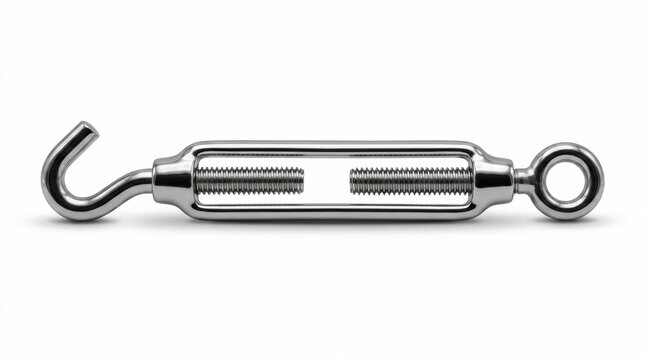 High-quality stainless steel turnbuckle with hook and eye ends on a clean white background, essential hardware for tensioning cables and ropes in construction and marine applications