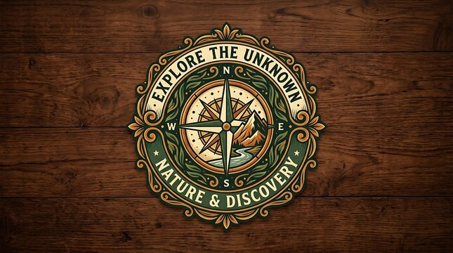 Vintage adventure compass emblem on dark wooden background