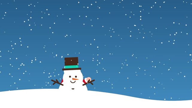 Cute cartoon snowman waving hello in falling snow, winter holiday animation background, christmas