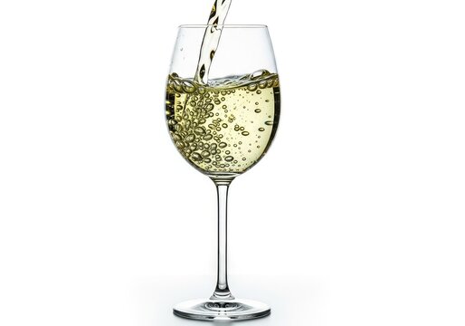 Crisp white wine flows into a transparent stemware glass, capturing bright light and creating refreshing bubbles with golden reflections, flow, liquid, bubbles