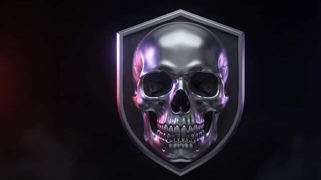 Cinematic 4K Seamless Loop of a Metallic Gothic Skull on a Shield Crest Floating in Dark Fog with Red and Blue Lighting