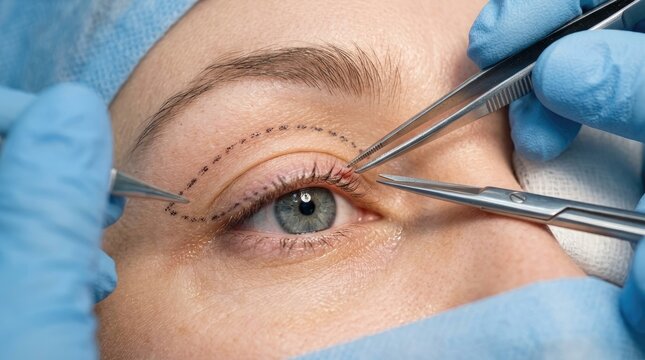 Blepharoplasty eyelid surgery procedure, cosmetic eye lift operation with surgical tools, plastic surgery correction for sagging skin