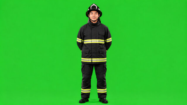 A confident firefighter stands ready for action, showcasing professionalism and dedication to safety and service.