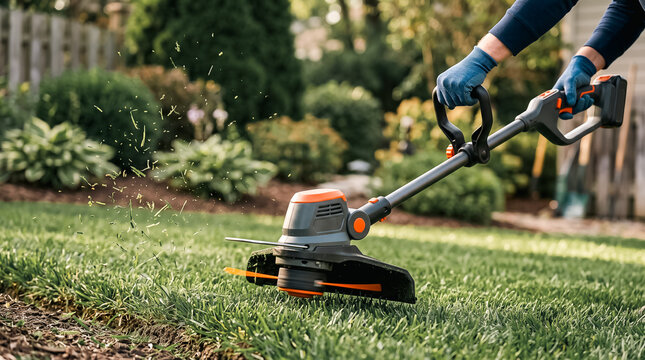 Person wearing blue gloves edging a lawn with an electric string trimmer near a mulched garden bed.