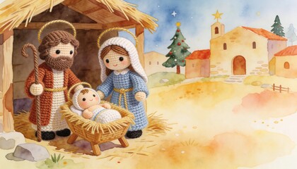 Fototapeta premium Knitted nativity family with baby Jesus in a manger beside a thatched stable. Christmas village scene with Christmas tree and copy space for holiday greeting card design