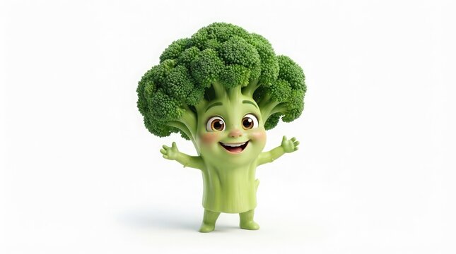 Adorable cartoon broccoli character with a friendly smiling face and open arms standing on a clean white background for healthy eating concepts
