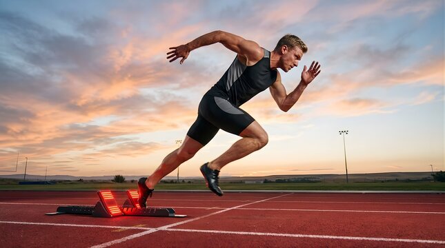 Male athlete sprinting from starting blocks on track at sunset