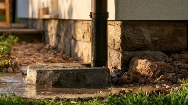 Close-up of black plastic downspout pipe draining water onto concrete splash block near stone foundation and green grass in residential outdoor setting during daylight