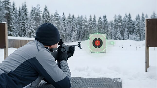 Marksman aiming with rifle at target during winter shooting practice