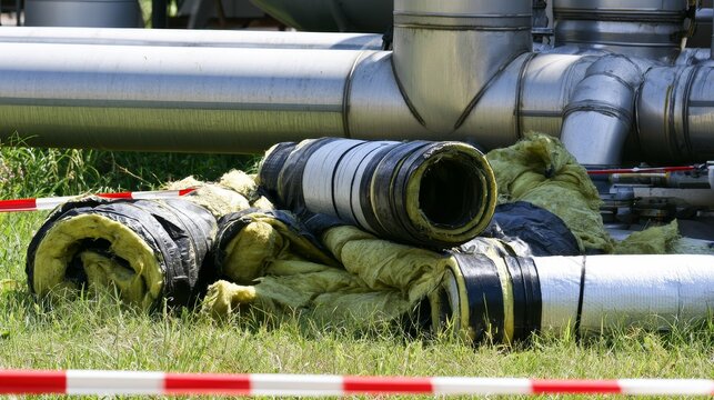 Discarded mineral wool insulation on grass beside large industrial pipes, cordoned with safety tape during heating system maintenance, showing construction waste, industrial repair workplace safety