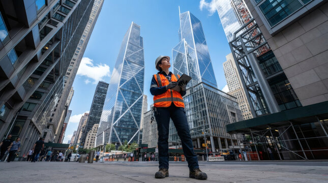 Ingegnere donna con casco e gilet riflettente che ispeziona un cantiere tra grattacieli moderni.