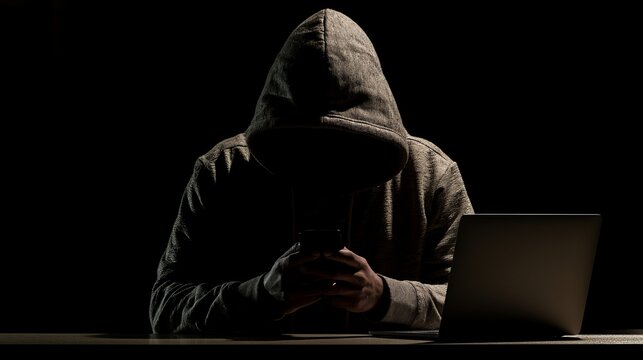 Hooded individual using phone and laptop in a dark room, illustrating anonymous online activity, digital privacy, cybersecurity, technology use, internet communication, mysterious nighttime computing