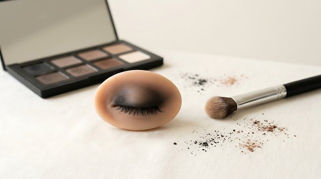 Silicone practice eye model with eyeshadow palette and makeup brush for professional beauty training. smokey eye tutorial