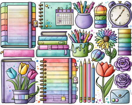 Watercolor planner clipart collection seasonal cheerful notebook pencil flower clock school supply arranged with pastel stationery