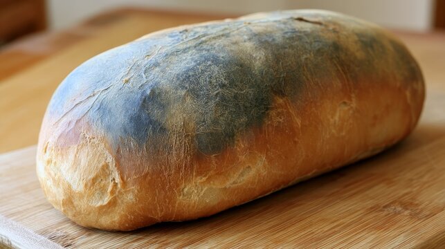 Moldy homemade bread roll covered with visible fungus, showing food spoilage, waste, contamination, poor storage, expired food, household hygiene, and the need to prevent mold growth