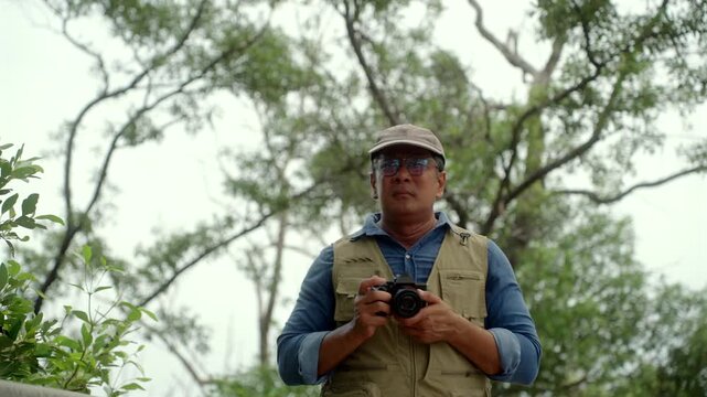 Experienced senior male photographer capturing the beauty of nature in a forest. Active aging creative retirement, outdoor photography, lifelong passion, healthy longevity and fulfilling lifestyle.
