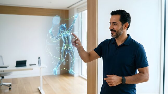 Professional male coach analyzing digital holographic tennis player data