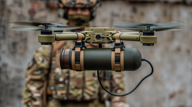 Attack fpv-drone carrying a shell with a soldier operator in the blurred background. UAV military technology and modern warfare concept. Lifestyle shot for poster, promotion