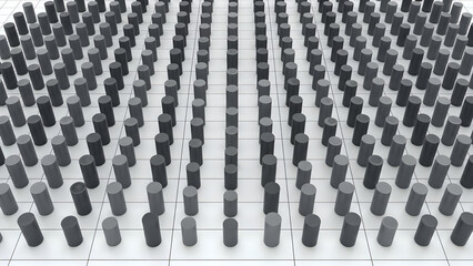 Fototapeta premium Uniform Array of Gray Cylindrical Pillars Arranged in a Symmetrical Grid Pattern on a Minimalist Surface
