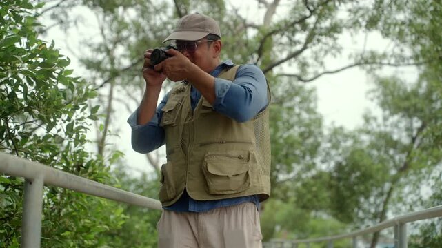 Experienced senior male photographer capturing the beauty of nature in a forest. Active aging creative retirement, outdoor photography, lifelong passion, healthy longevity and fulfilling lifestyle.
