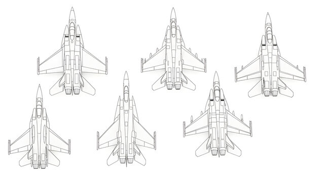 Set of vector outline technical drawings of modern supersonic fighter jets viewed from above for aerospace design projects