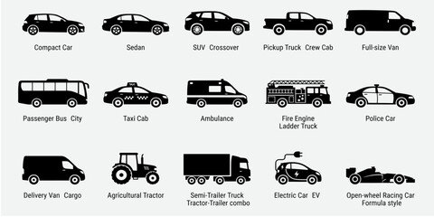Fototapeta premium Comprehensive vector illustration set featuring various types of modern vehicles including cars trucks and specialized emergency transport icons