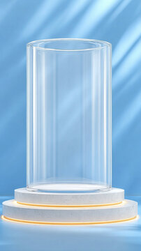 This is a minimalist product display scene. A tall clear acrylic cylinder is placed on two stacked circular white platforms, with a soft glowing orange light strip at the bottom edge