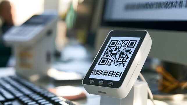 A white QR code scanner device displays a black and white QR code on its screen  positioned on a desk near a keyboard