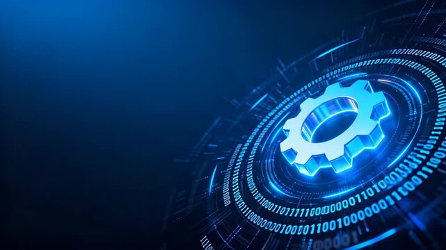 Digital technology concept with glowing gear wheel and binary code on abstract blue background