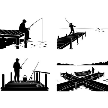 Fishing silhouette vector set, fisherman on wooden pier collection, black and white lake dock scenes, outdoor angling hobby graphics