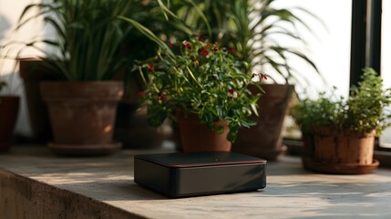 Fototapeta premium A sleek black electronic device rests on a stone ill beside potted plants bathed in natural sunlight