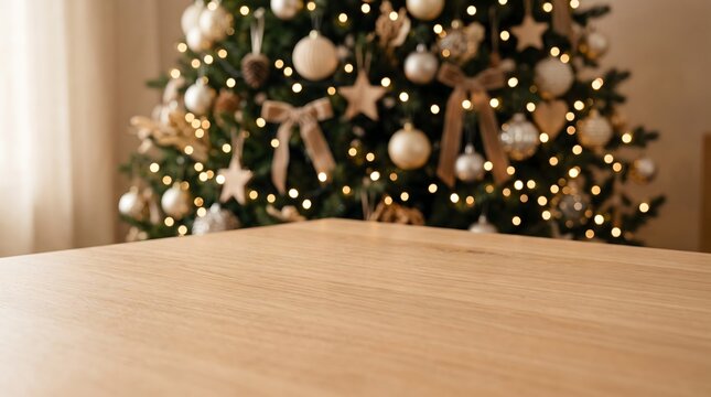 Empty wooden table with blurred Christmas tree background and golden bokeh lights for festive winter holiday product display