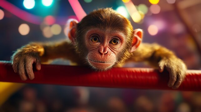 A cute monkey resting on a circus bar, surrounded by colorful lights, creating a lively and playful atmosphere
