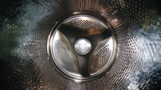 The inside of an automatic front loading washing machine drum made of perforated stainless steel.