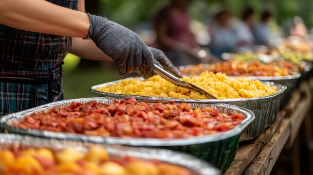 A person wearing dark gloves uses metal tongs to serve food. Multiple aluminum foil trays filled with colorful prepared dishes are neatly arranged on a long wooden table