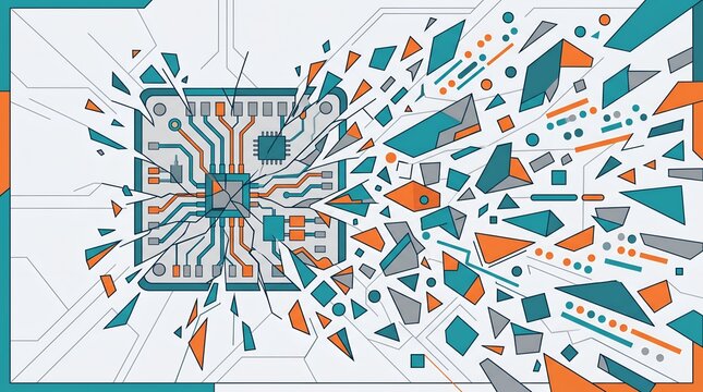 Exploding digital microchip circuit board background concept illustration