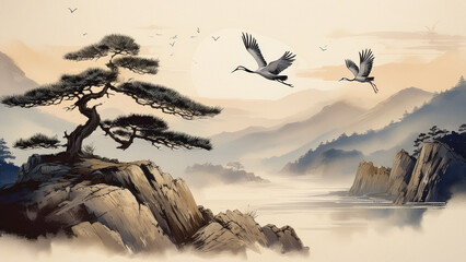 Fototapeta premium Traditional oriental watercolor painting, cranes in flight above a rocky pine cliff with a glowing full moon setting over serene lake waters and layered mountain peaks.