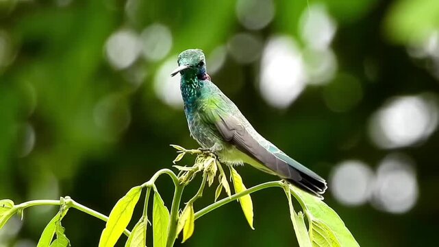 Sparkling Violetear Hummingbird Perched on a Green Leafy Branch in the Tropical Forest