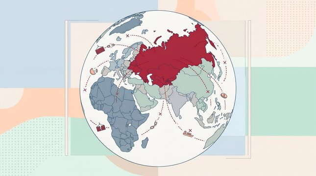 Global map illustration showing international trade sanctions and supply chain disruption