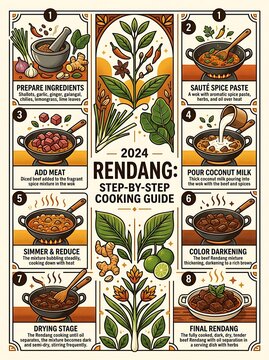 Step by step beef rendang cooking guide illustration