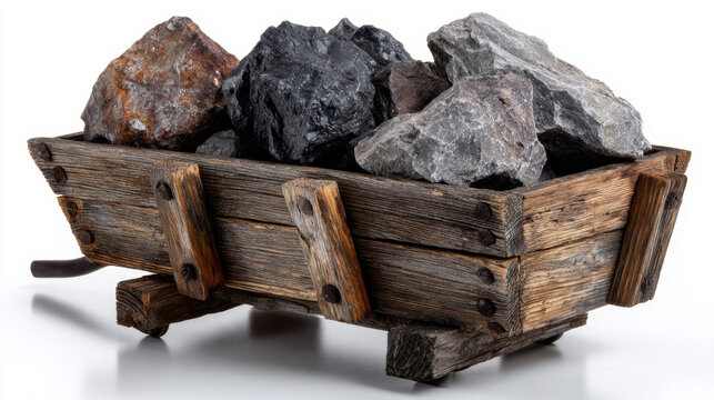 Aged wooden mining cart filled with various natural rocks, including rich coal, presents powerful image of industry and hard work. Vintage rustic excavation equipment symbolizes historical