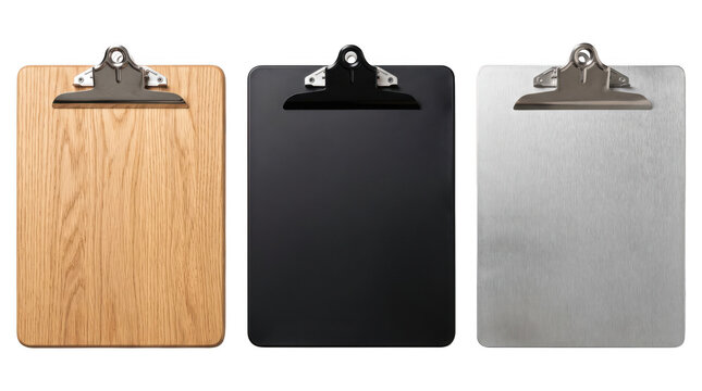 Office clipboard assortment collection featuring wooden black and metal clipboards as isolated object