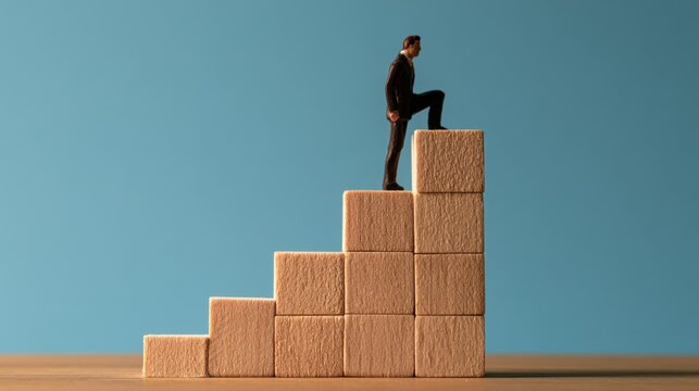 Businessman climbing wooden block stairs with determination on blue background concept for success motivation challenge and career growth step by step progress