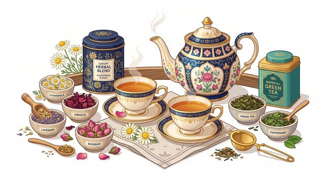 Luxury tea collection with ornate teapot, cups, and assorted herbal tea ingredients