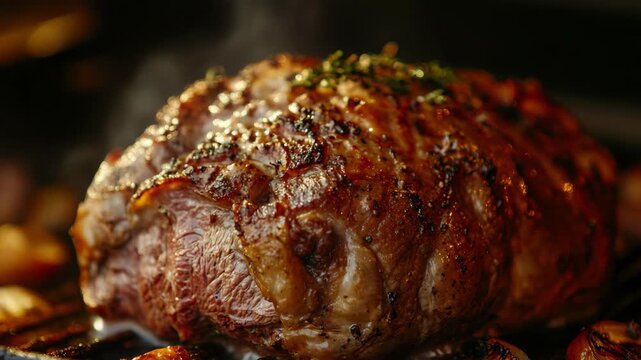 A tantalizing of a succulent piece of meat being grilled, perfect for cooking or food-related content.