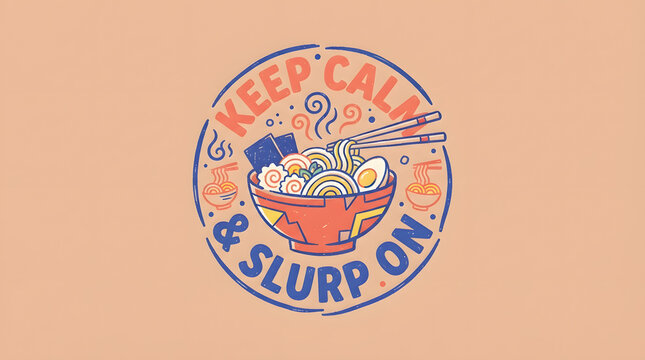 Keep calm and slurp on ramen noodles in bowl with chopsticks cartoon illustration.