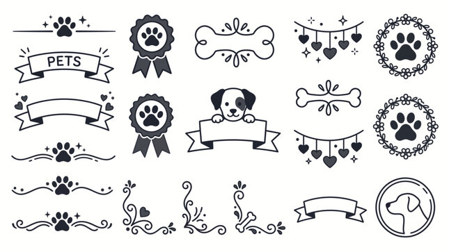 Cute pet ornament dividers and dog line art elements showcasing paw print ribbons, decorative bone borders and wreath frames, concept for pet shop branding and veterinary graphic design